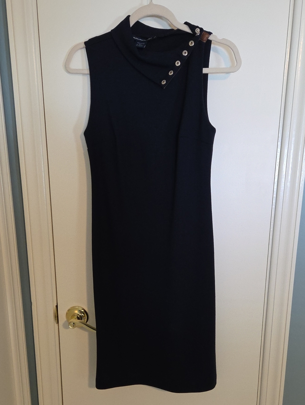 Vintage Ralph Lauren Navy Mock Neck Dress with Snap Detail